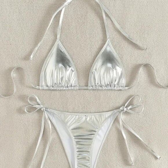 Two-piece with Neck Strap Triangle Bikini (Color: Silvery Grey) - Picture 5 of 7